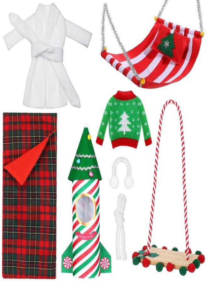 Liitrsh 8 Pcs Christmas Elf Accessories Set with Rocket, Christmas Sleeping Bag, Sweater, Bathrobe, Earmuffs, Scarf, Swing, Hammock Xmas Accessory for Elf Decorations - Image 1